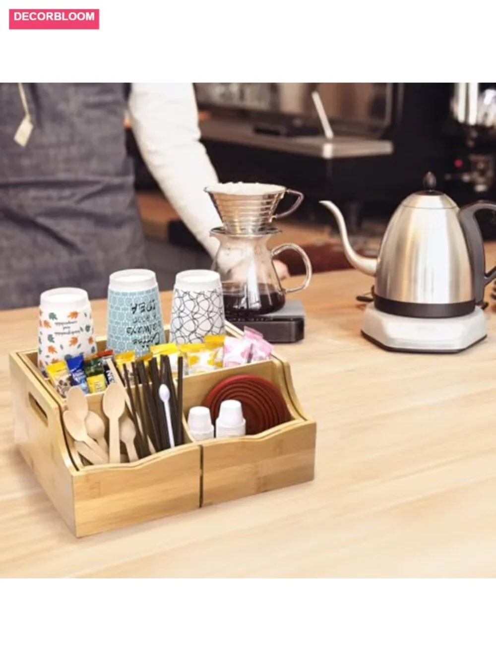 Expandable Bamboo Coffee Station Organizer with 7 Compartments, Countertop